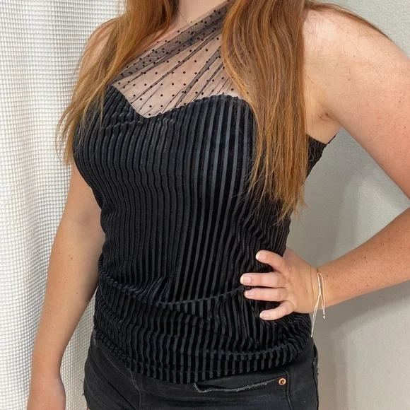 Women’s SHEIN polka dot mesh one-shoulder black velvet blouse. Size M. - Picture 4 of 13